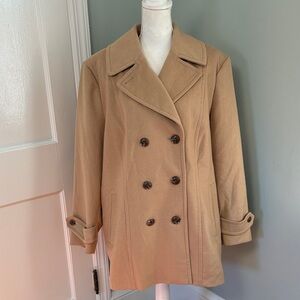 NWOT Lands' End Women's Tan Double-Breasted Pea‎ Coat Wool Blend size 2X